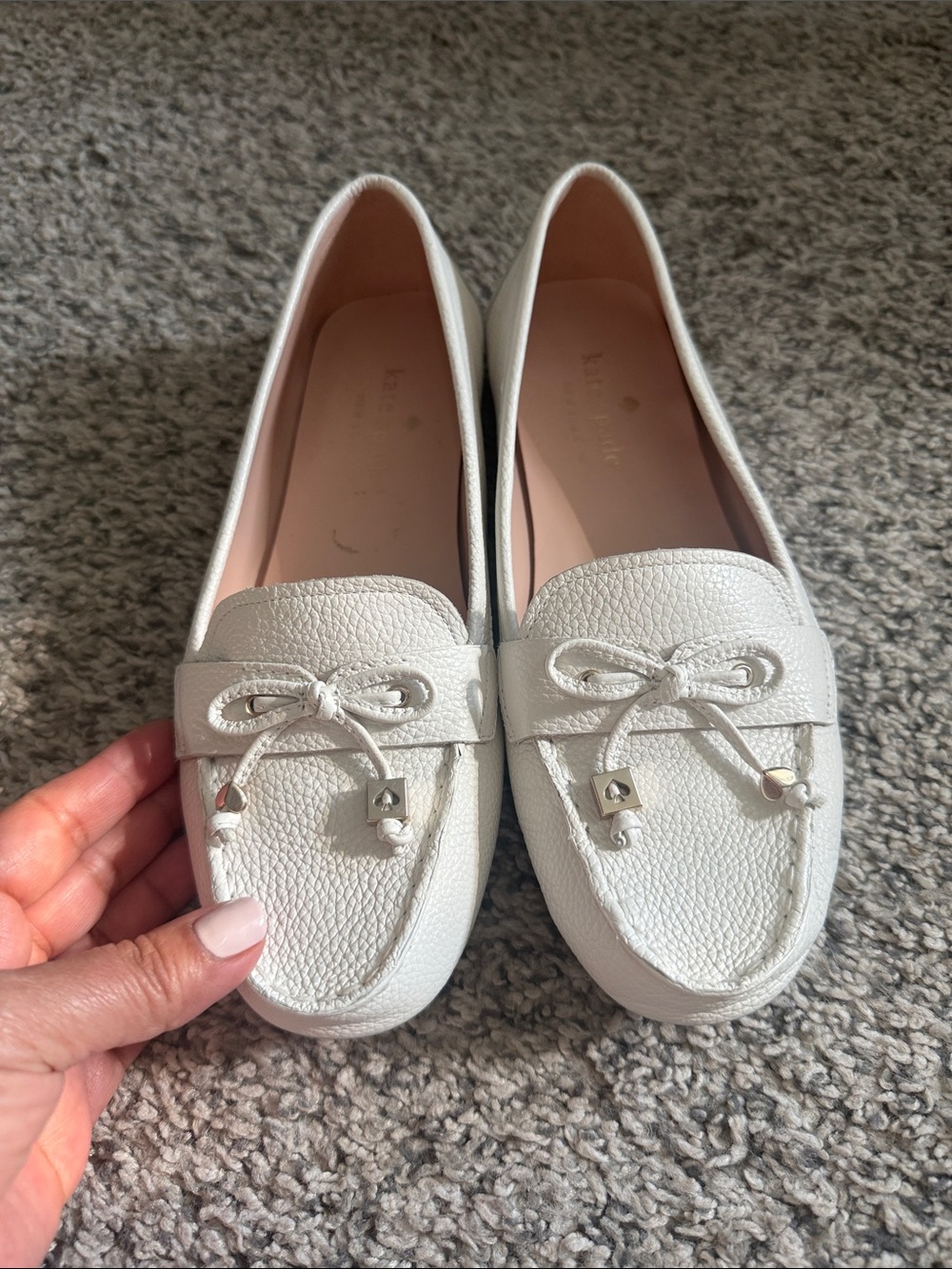 kate spade White Pebbled Leather Bow Loafers